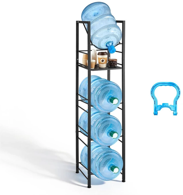 Main image of VEVOR Water Jug Holder, 5 Tiers 3 and 5 Gallon Water Bottle Holder for 4 Bottles, Heavy Duty Jug Rack Organizer with Storage Shelf, Adjustable Feet, and Handle, for Kitchen, Office, Living Room, Black