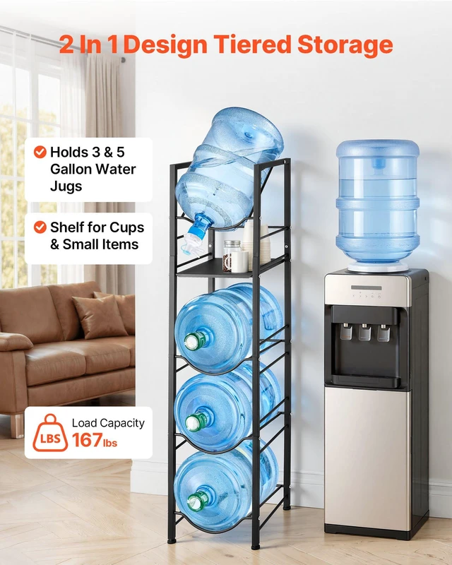 Alt view image 2 of 8 - VEVOR Water Jug Holder, 5 Tiers 3 and 5 Gallon Water Bottle Holder for 4 Bottles, Heavy Duty Jug Rack Organizer with Storage Shelf, Adjustable Feet, and Handle, for Kitchen, Office, Living Room, Black
