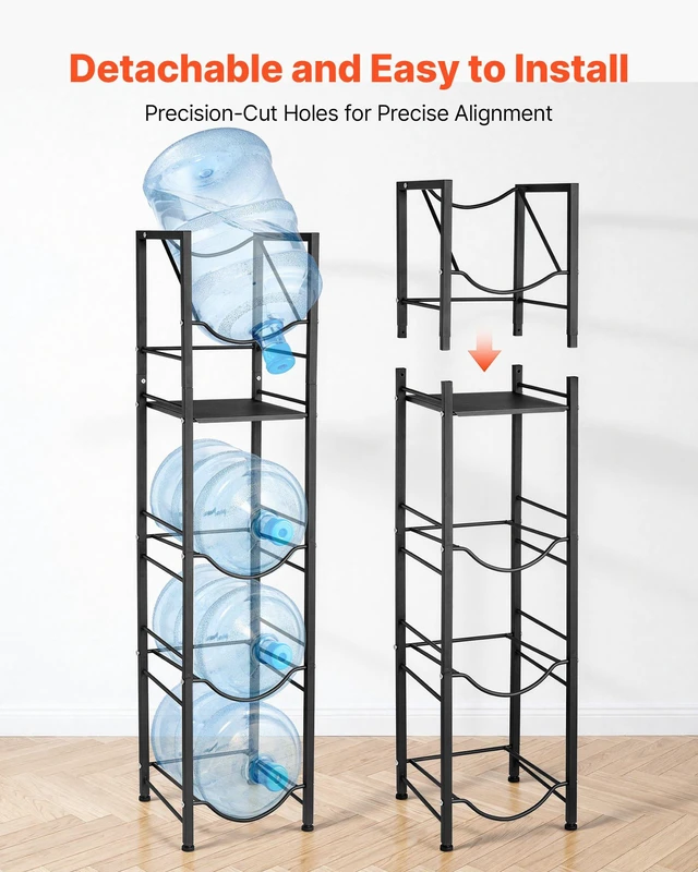 Alt view image 3 of 8 - VEVOR Water Jug Holder, 5 Tiers 3 and 5 Gallon Water Bottle Holder for 4 Bottles, Heavy Duty Jug Rack Organizer with Storage Shelf, Adjustable Feet, and Handle, for Kitchen, Office, Living Room, Black
