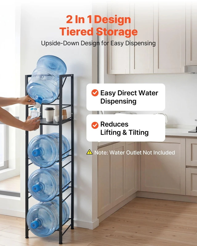 Alt view image 4 of 8 - VEVOR Water Jug Holder, 5 Tiers 3 and 5 Gallon Water Bottle Holder for 4 Bottles, Heavy Duty Jug Rack Organizer with Storage Shelf, Adjustable Feet, and Handle, for Kitchen, Office, Living Room, Black