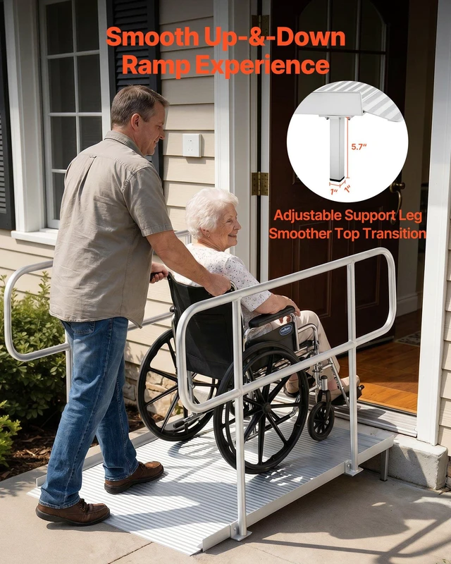 Alt view image 2 of 8 - VEVOR Wheelchair Ramp with Handrails, 71.1 x 32.7 in, Heavy Duty Wide Aluminum Wheelchair Ramp with Adjustable Legs, 1000 lbs Capacity, Portable Threshold Ramps for Home Steps, Stairs, Doorways, Curbs