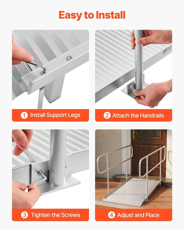 Alt view image 5 of 8 - VEVOR Wheelchair Ramp with Handrails, 71.1 x 32.7 in, Heavy Duty Wide Aluminum Wheelchair Ramp with Adjustable Legs, 1000 lbs Capacity, Portable Threshold Ramps for Home Steps, Stairs, Doorways, Curbs