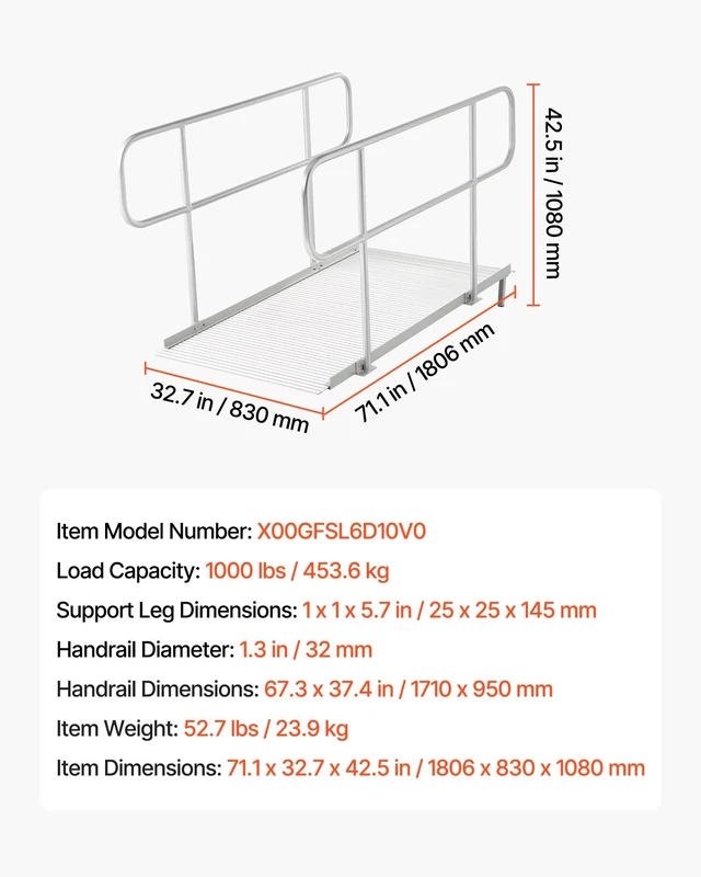 Alt view image 7 of 8 - VEVOR Wheelchair Ramp with Handrails, 71.1 x 32.7 in, Heavy Duty Wide Aluminum Wheelchair Ramp with Adjustable Legs, 1000 lbs Capacity, Portable Threshold Ramps for Home Steps, Stairs, Doorways, Curbs
