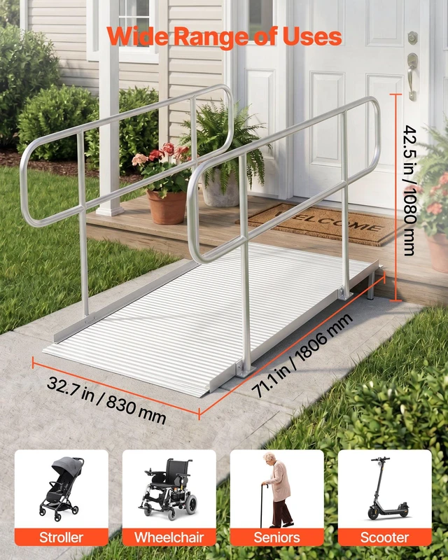 Alt view image 6 of 8 - VEVOR Wheelchair Ramp with Handrails, 71.1 x 32.7 in, Heavy Duty Wide Aluminum Wheelchair Ramp with Adjustable Legs, 1000 lbs Capacity, Portable Threshold Ramps for Home Steps, Stairs, Doorways, Curbs