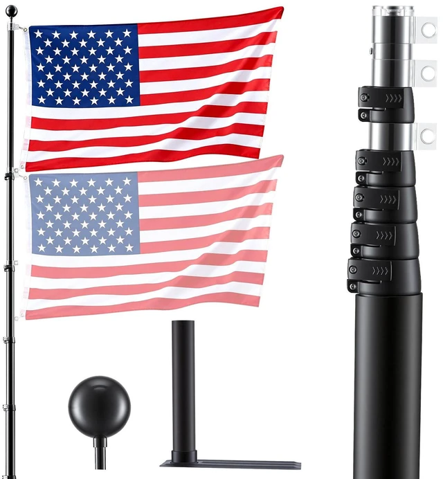 Main image of VEVOR Flag Pole, 20ft Heavy Duty Telescopic Flagpole Kit with Mounting Base for Vehicles, Extra Thick Outdoor Aluminum Flagpole Kit with 3x5 American Flag for Sedans, Pickups, RVs, Food Trucks, Black