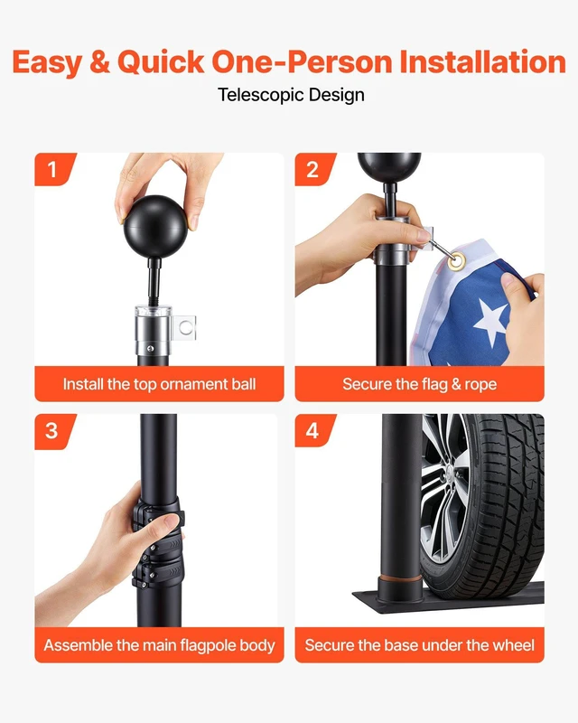 Alt view image 5 of 8 - VEVOR Flag Pole, 20ft Heavy Duty Telescopic Flagpole Kit with Mounting Base for Vehicles, Extra Thick Outdoor Aluminum Flagpole Kit with 3x5 American Flag for Sedans, Pickups, RVs, Food Trucks, Black