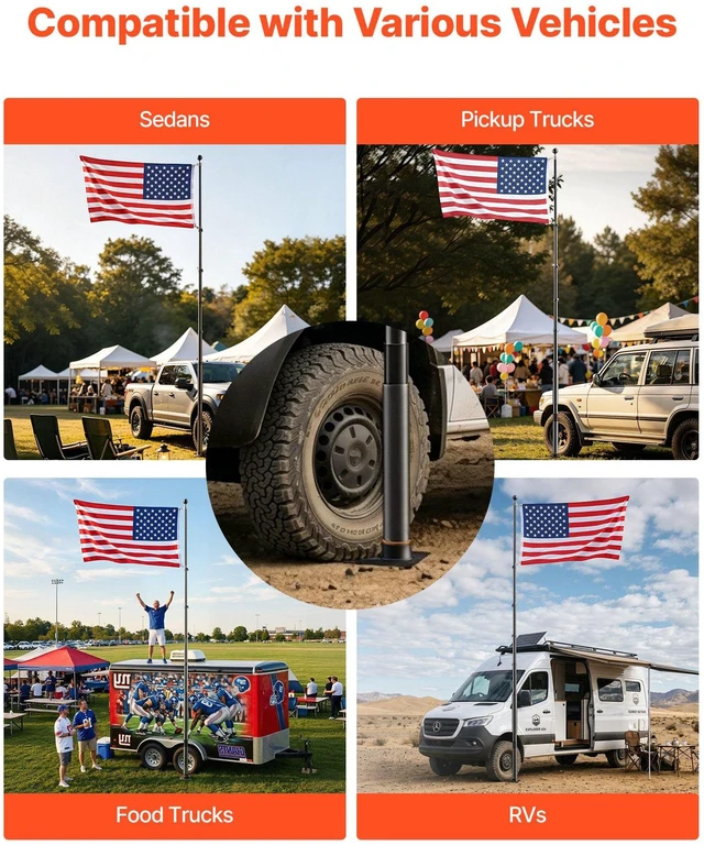 Alt view image 6 of 8 - VEVOR Flag Pole, 20ft Heavy Duty Telescopic Flagpole Kit with Mounting Base for Vehicles, Extra Thick Outdoor Aluminum Flagpole Kit with 3x5 American Flag for Sedans, Pickups, RVs, Food Trucks, Black