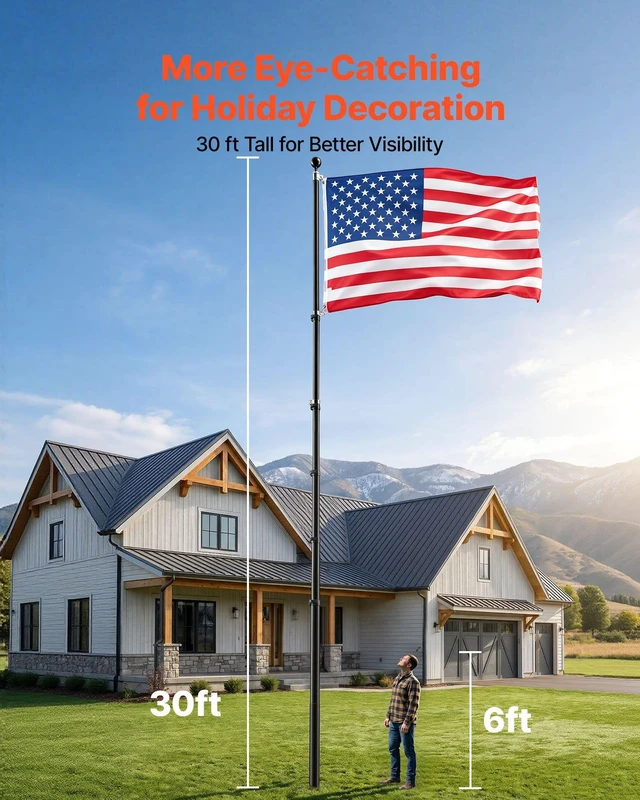 Alt view image 3 of 8 - VEVOR Flag Pole, 30ft Heavy Duty Telescopic Flagpole Kit for Outside House In Ground, Extra Thick Outdoor Aluminum Flagpole Kit with 3x5 American Flag for Yard, Residential or Commercial Use, Black
