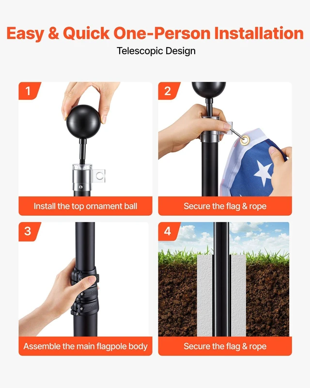 Alt view image 5 of 8 - VEVOR Flag Pole, 30ft Heavy Duty Telescopic Flagpole Kit for Outside House In Ground, Extra Thick Outdoor Aluminum Flagpole Kit with 3x5 American Flag for Yard, Residential or Commercial Use, Black