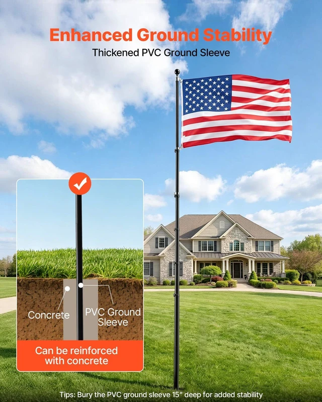 Alt view image 6 of 8 - VEVOR Flag Pole, 30ft Heavy Duty Telescopic Flagpole Kit for Outside House In Ground, Extra Thick Outdoor Aluminum Flagpole Kit with 3x5 American Flag for Yard, Residential or Commercial Use, Black