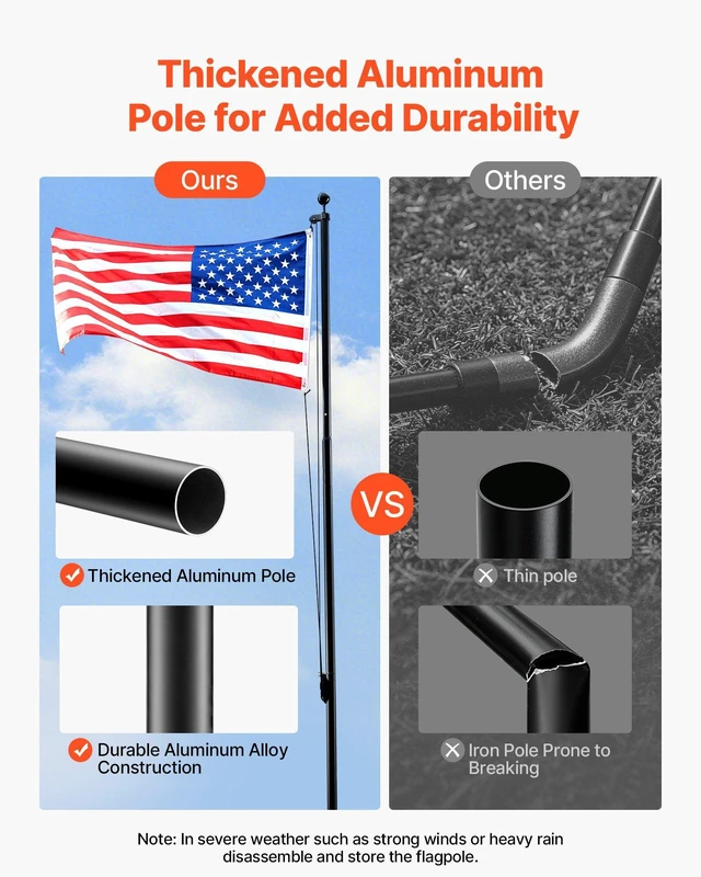 Alt view image 2 of 8 - VEVOR Flag Pole, 16ft Heavy Duty Sectional Flagpole Kit for Outside House In Ground, Extra Thick Outdoor Aluminum Flagpole Kit with 3x5 American Flag for Yard, Residential or Commercial Use, Black