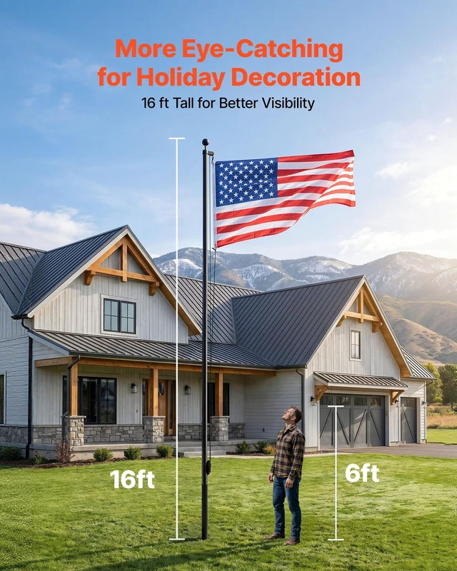 Alt view image 3 of 8 - VEVOR Flag Pole, 16ft Heavy Duty Sectional Flagpole Kit for Outside House In Ground, Extra Thick Outdoor Aluminum Flagpole Kit with 3x5 American Flag for Yard, Residential or Commercial Use, Black
