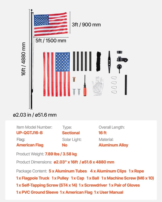 Alt view image 7 of 8 - VEVOR Flag Pole, 16ft Heavy Duty Sectional Flagpole Kit for Outside House In Ground, Extra Thick Outdoor Aluminum Flagpole Kit with 3x5 American Flag for Yard, Residential or Commercial Use, Black