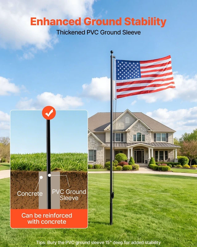 Alt view image 6 of 8 - VEVOR Flag Pole, 16ft Heavy Duty Sectional Flagpole Kit for Outside House In Ground, Extra Thick Outdoor Aluminum Flagpole Kit with 3x5 American Flag for Yard, Residential or Commercial Use, Black
