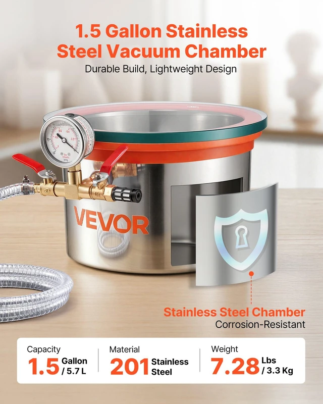 Alt view image 2 of 8 - VEVOR 1.5 Gallon Vacuum Chamber, Stainless Steel, Vacuum Degassing Chamber with Tempered Glass Lid, Hose, Air Filter, for Resin Casting, Stabilizing Wood, Degassing Silicone, Epoxies, Essential Oils