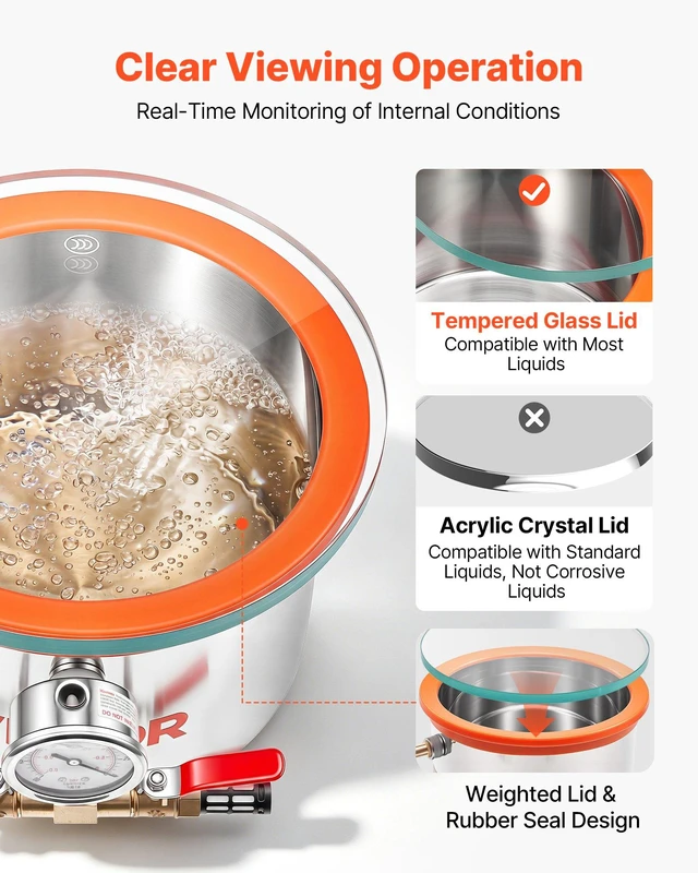 Alt view image 4 of 8 - VEVOR 1.5 Gallon Vacuum Chamber, Stainless Steel, Vacuum Degassing Chamber with Tempered Glass Lid, Hose, Air Filter, for Resin Casting, Stabilizing Wood, Degassing Silicone, Epoxies, Essential Oils