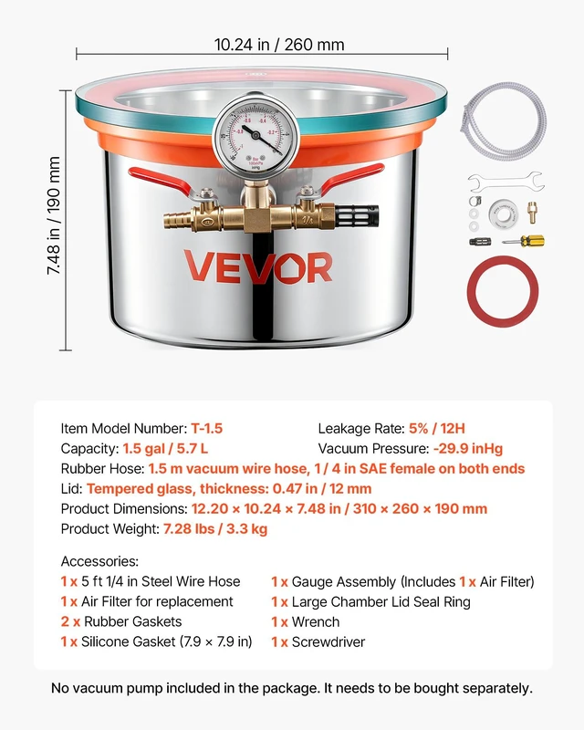 Alt view image 7 of 8 - VEVOR 1.5 Gallon Vacuum Chamber, Stainless Steel, Vacuum Degassing Chamber with Tempered Glass Lid, Hose, Air Filter, for Resin Casting, Stabilizing Wood, Degassing Silicone, Epoxies, Essential Oils
