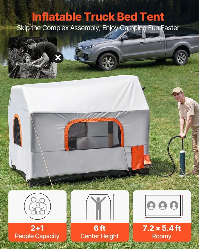 Alt view image 2 of 8 - VEVOR Inflatable Pickup Truck Tent, 7.2 x 5.4 FT 3-Season Truck Bed Tent with Ventilated Mesh Windows, PU2000mm Waterproof Pickup Camping Tents for Outdoor Hiking Activities - Air Pump Included