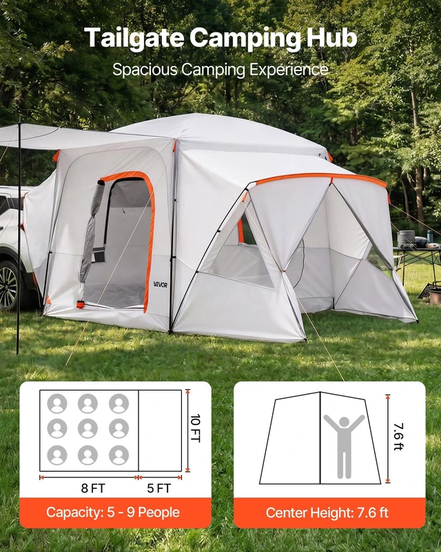 Alt view image 2 of 8 - VEVOR SUV Camping Tent for 5-9 Person, 13 x 10 FT 3-Season SUV Tailgate Tent with Ventilated Windows, PU2000mm Waterproof Dual-Use Car Rear Hatch Tents for Outdoor Hiking Travels