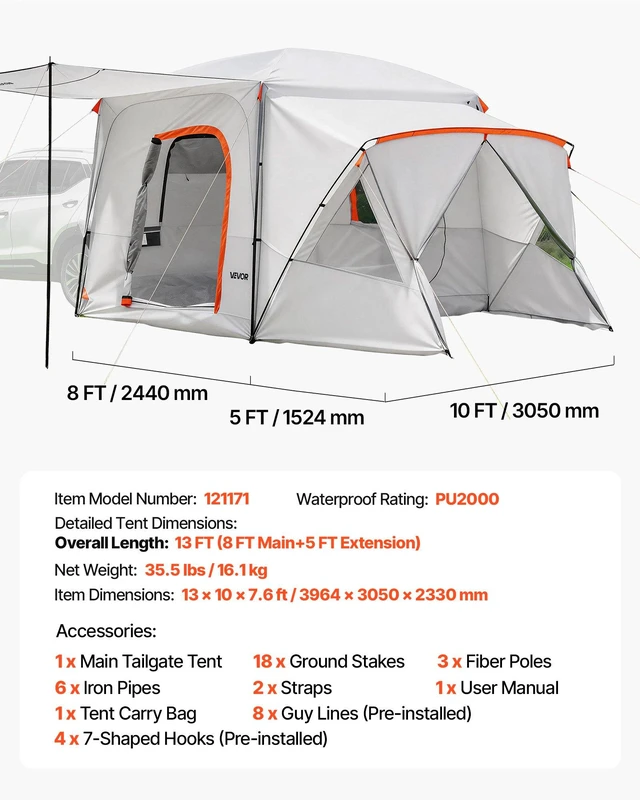 Alt view image 7 of 8 - VEVOR SUV Camping Tent for 5-9 Person, 13 x 10 FT 3-Season SUV Tailgate Tent with Ventilated Windows, PU2000mm Waterproof Dual-Use Car Rear Hatch Tents for Outdoor Hiking Travels