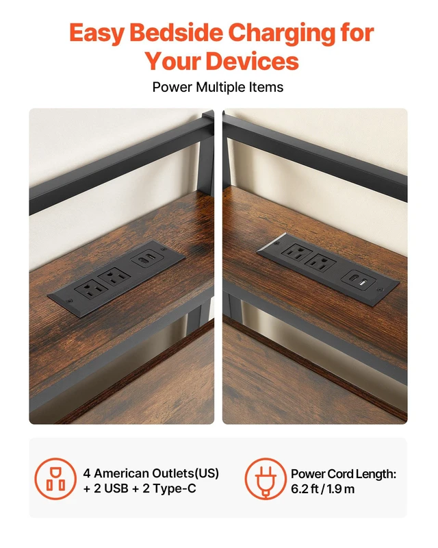 Alt view image 2 of 8 - VEVOR Headboard for King Size Bed, with Storage Shelf, 2 Outlets, 1 USB and 1 Type-C Port, Sturdy and Stable Carbon Steel Frame Head Board with Charging Station, Adjustable Height, Black and Brown