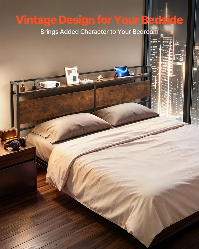 Alt view image 3 of 8 - VEVOR Headboard for King Size Bed, with Storage Shelf, 2 Outlets, 1 USB and 1 Type-C Port, Sturdy and Stable Carbon Steel Frame Head Board with Charging Station, Adjustable Height, Black and Brown
