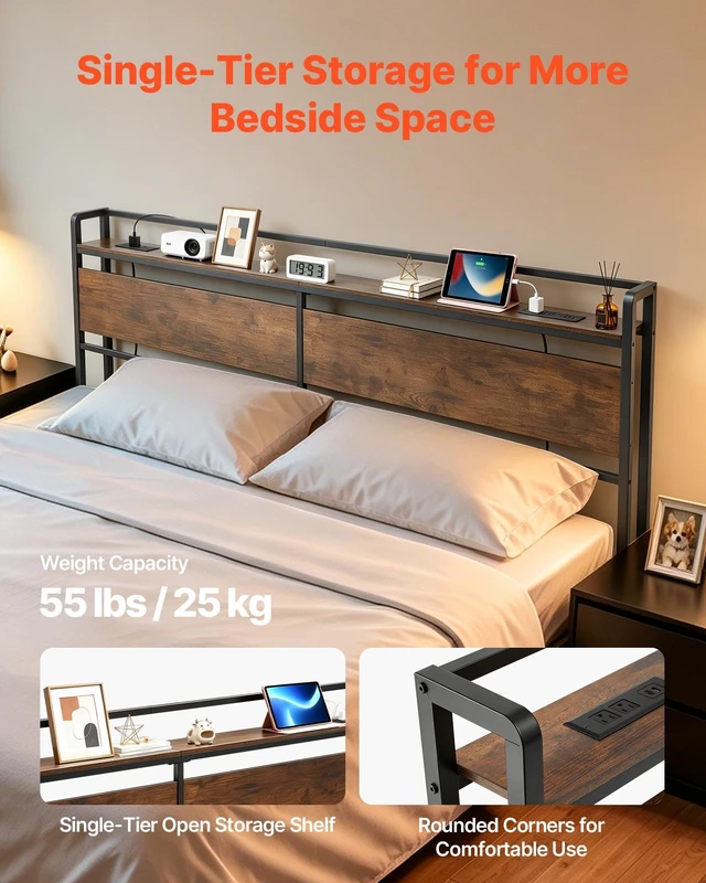 Alt view image 5 of 8 - VEVOR Headboard for King Size Bed, with Storage Shelf, 2 Outlets, 1 USB and 1 Type-C Port, Sturdy and Stable Carbon Steel Frame Head Board with Charging Station, Adjustable Height, Black and Brown