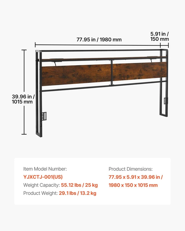 Alt view image 7 of 8 - VEVOR Headboard for King Size Bed, with Storage Shelf, 2 Outlets, 1 USB and 1 Type-C Port, Sturdy and Stable Carbon Steel Frame Head Board with Charging Station, Adjustable Height, Black and Brown