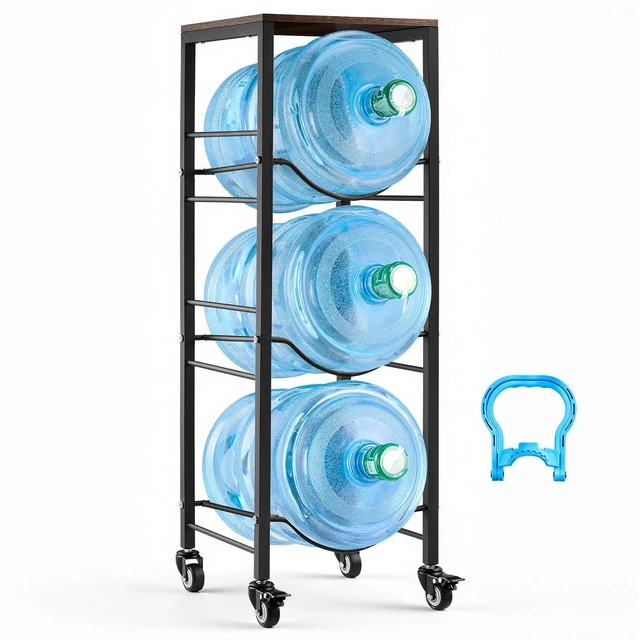Main image of VEVOR Water Jug Holder, 4 Tiers 3 and 5 Gallon Water Bottle Holder for 3 Bottles, Heavy Duty Jug Rack Organizer with Storage Shelf and Casters, for Kitchen, Office, Living Room, Black and Brown
