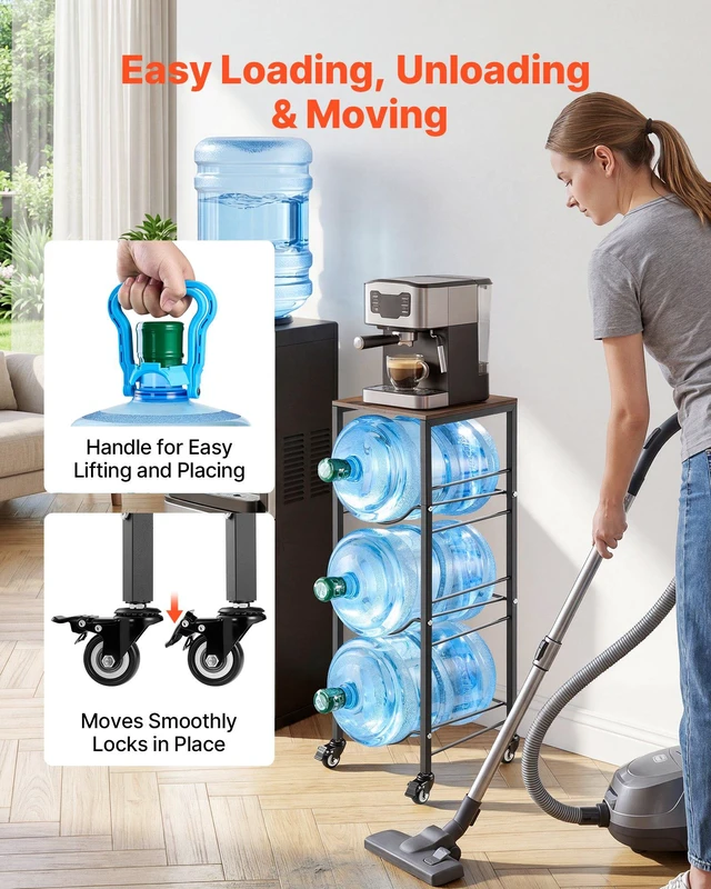 Alt view image 3 of 8 - VEVOR Water Jug Holder, 4 Tiers 3 and 5 Gallon Water Bottle Holder for 3 Bottles, Heavy Duty Jug Rack Organizer with Storage Shelf and Casters, for Kitchen, Office, Living Room, Black and Brown