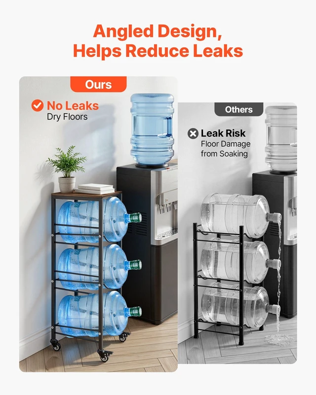 Alt view image 5 of 8 - VEVOR Water Jug Holder, 4 Tiers 3 and 5 Gallon Water Bottle Holder for 3 Bottles, Heavy Duty Jug Rack Organizer with Storage Shelf and Casters, for Kitchen, Office, Living Room, Black and Brown