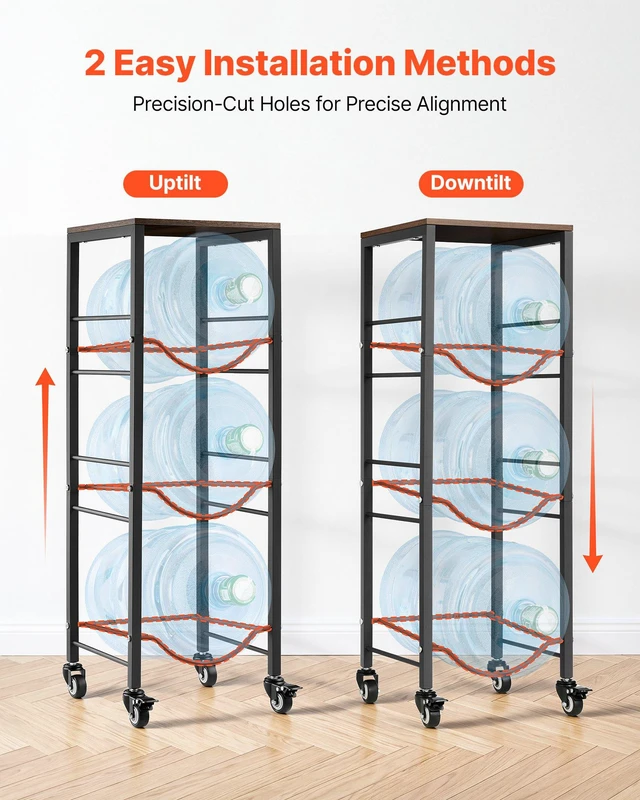 Alt view image 4 of 8 - VEVOR Water Jug Holder, 4 Tiers 3 and 5 Gallon Water Bottle Holder for 3 Bottles, Heavy Duty Jug Rack Organizer with Storage Shelf and Casters, for Kitchen, Office, Living Room, Black and Brown