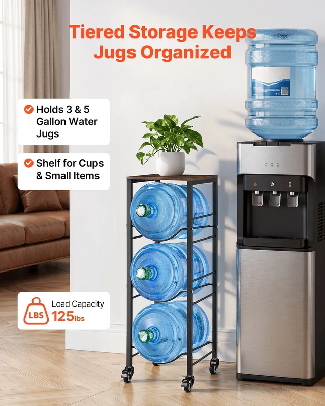 Alt view image 2 of 8 - VEVOR Water Jug Holder, 4 Tiers 3 and 5 Gallon Water Bottle Holder for 3 Bottles, Heavy Duty Jug Rack Organizer with Storage Shelf and Casters, for Kitchen, Office, Living Room, Black and Brown
