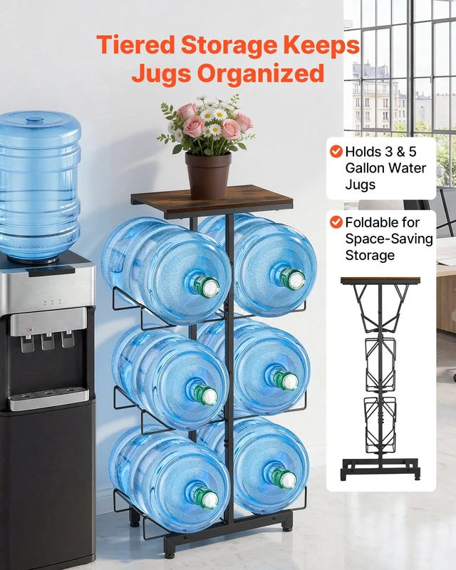 Alt view image 2 of 8 - VEVOR Water Jug Holder, 4 Tiers Double Rows 3 and 5 Gallon Water Bottle Holder for 6 Bottles, Heavy Duty Jug Rack Organizer with Handles, Foldable for Kitchen, Office, Living Room, Black and Brown