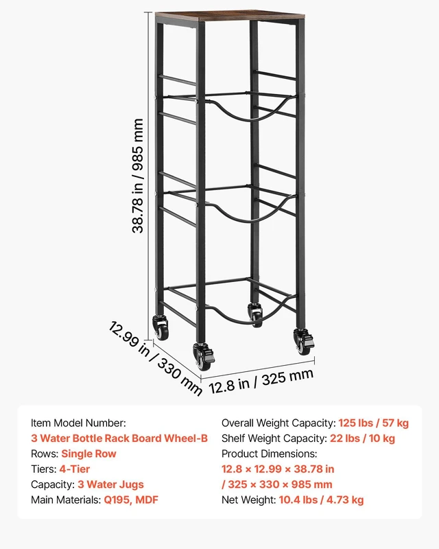 Alt view image 7 of 8 - VEVOR Water Jug Holder, 4 Tiers 3 and 5 Gallon Water Bottle Holder for 3 Bottles, Heavy Duty Jug Rack Organizer with Storage Shelf and Casters, for Kitchen, Office, Living Room, Black and Brown