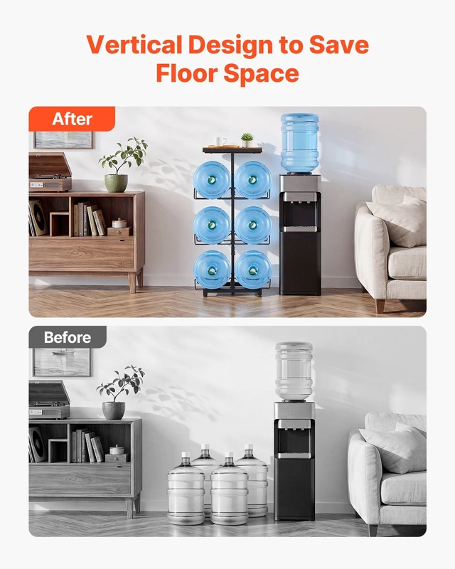Alt view image 3 of 8 - VEVOR Water Jug Holder, 4 Tiers Double Rows 3 and 5 Gallon Water Bottle Holder for 6 Bottles, Heavy Duty Jug Rack Organizer with Handles, Foldable for Kitchen, Office, Living Room, Black and Brown