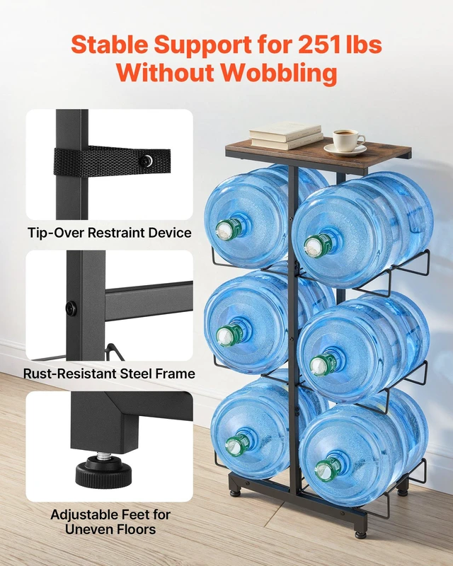 Alt view image 4 of 8 - VEVOR Water Jug Holder, 4 Tiers Double Rows 3 and 5 Gallon Water Bottle Holder for 6 Bottles, Heavy Duty Jug Rack Organizer with Handles, Foldable for Kitchen, Office, Living Room, Black and Brown