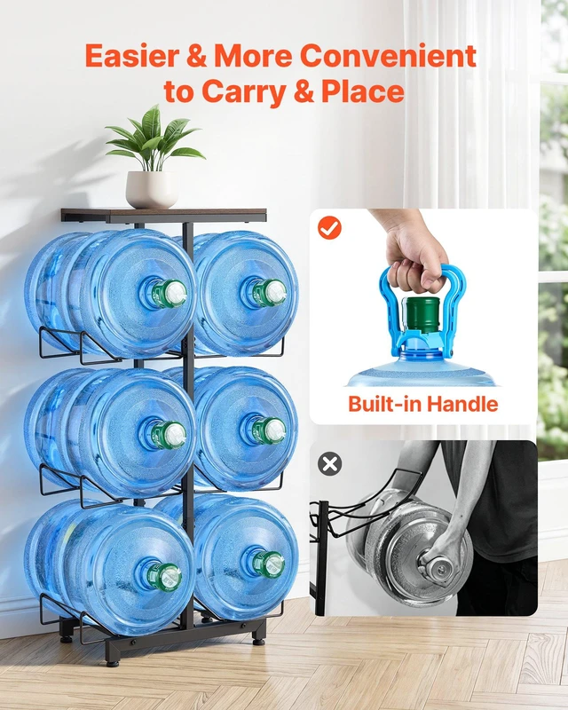 Alt view image 6 of 8 - VEVOR Water Jug Holder, 4 Tiers Double Rows 3 and 5 Gallon Water Bottle Holder for 6 Bottles, Heavy Duty Jug Rack Organizer with Handles, Foldable for Kitchen, Office, Living Room, Black and Brown