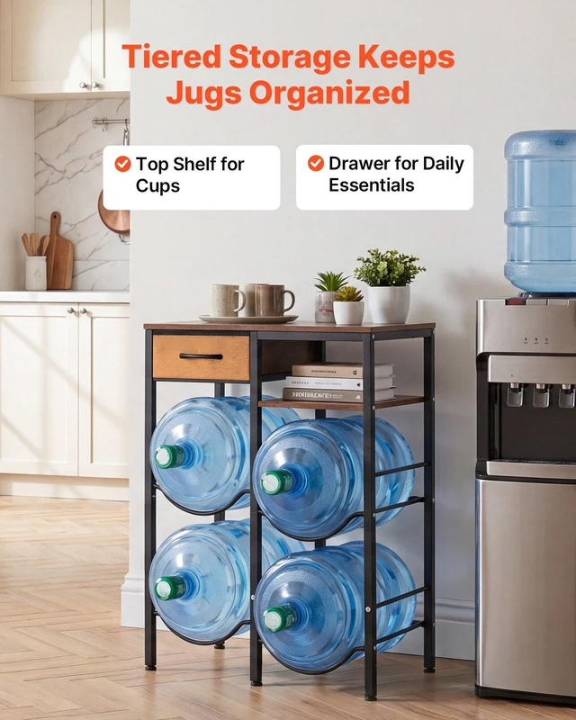 Alt view image 2 of 8 - VEVOR Water Jug Holder, 4 Tiers Double Rows 3 and 5 Gallon Water Bottle Holder for 4 Bottles, Heavy Duty Jug Rack Organizer with Storage Shelf and Drawer, for Kitchen, Living Room, Black and Brown
