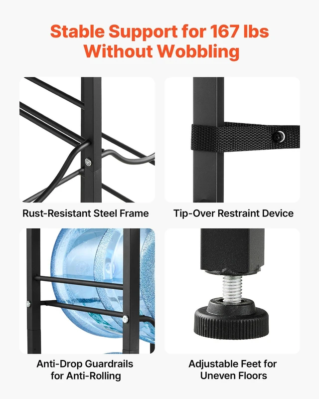 Alt view image 5 of 8 - VEVOR Water Jug Holder, 4 Tiers Double Rows 3 and 5 Gallon Water Bottle Holder for 4 Bottles, Heavy Duty Jug Rack Organizer with Storage Shelf and Drawer, for Kitchen, Living Room, Black and Brown