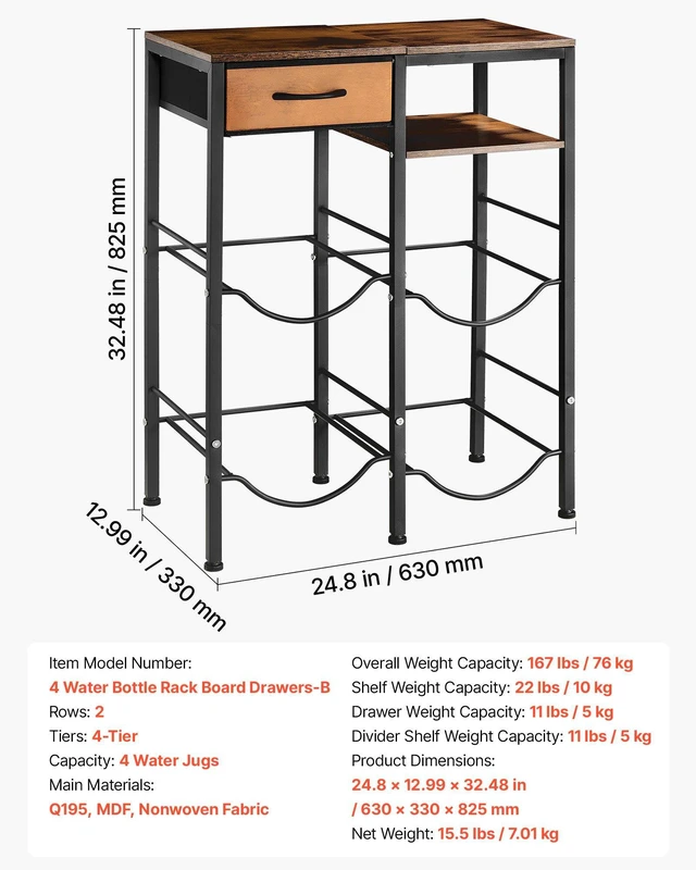 Alt view image 7 of 8 - VEVOR Water Jug Holder, 4 Tiers Double Rows 3 and 5 Gallon Water Bottle Holder for 4 Bottles, Heavy Duty Jug Rack Organizer with Storage Shelf and Drawer, for Kitchen, Living Room, Black and Brown