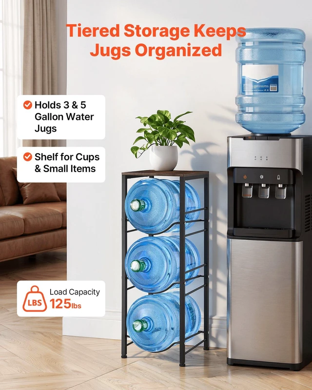 Alt view image 2 of 8 - VEVOR Water Jug Holder, 4 Tiers 3 and 5 Gallon Water Bottle Holder for 3 Bottles, Heavy Duty Jug Rack Organizer with Storage Shelf, Detachable for Kitchen, Office, Living Room, Black and Brown