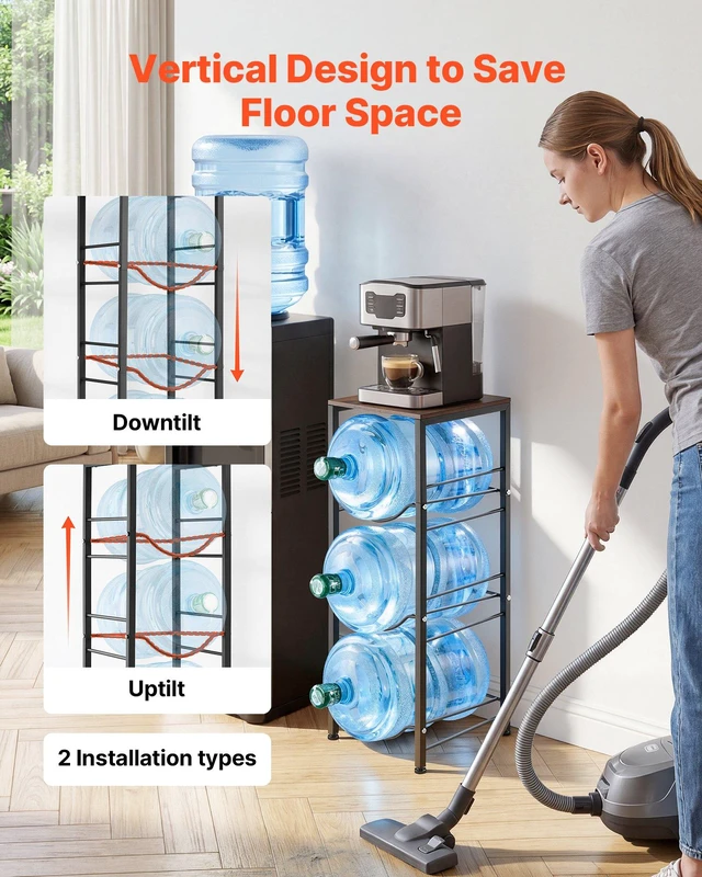 Alt view image 3 of 8 - VEVOR Water Jug Holder, 4 Tiers 3 and 5 Gallon Water Bottle Holder for 3 Bottles, Heavy Duty Jug Rack Organizer with Storage Shelf, Detachable for Kitchen, Office, Living Room, Black and Brown