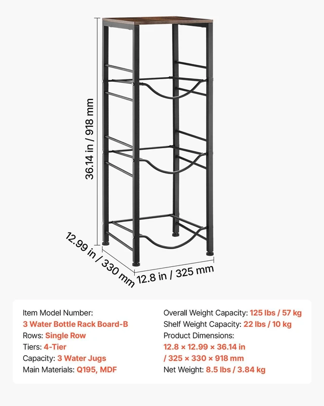 Alt view image 7 of 8 - VEVOR Water Jug Holder, 4 Tiers 3 and 5 Gallon Water Bottle Holder for 3 Bottles, Heavy Duty Jug Rack Organizer with Storage Shelf, Detachable for Kitchen, Office, Living Room, Black and Brown