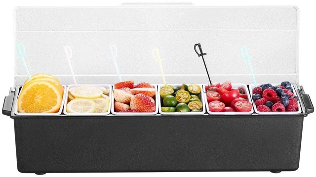 Main image of VEVOR Ice Cooled Condiment Serving Container, 6 Compartments Chilled Server, Fruit Veggie Condiment Caddy, Plastic Garnish Station Lid Dispenser Tray, for Bartending & Serving Taco Restaurant Supplies