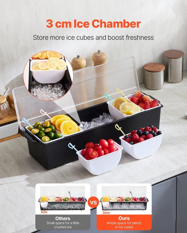 Alt view image 2 of 8 - VEVOR Ice Cooled Condiment Serving Container, 6 Compartments Chilled Server, Fruit Veggie Condiment Caddy, Plastic Garnish Station Lid Dispenser Tray, for Bartending & Serving Taco Restaurant Supplies