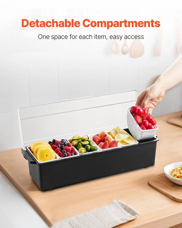 Alt view image 4 of 8 - VEVOR Ice Cooled Condiment Serving Container, 6 Compartments Chilled Server, Fruit Veggie Condiment Caddy, Plastic Garnish Station Lid Dispenser Tray, for Bartending & Serving Taco Restaurant Supplies