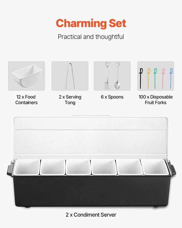 Alt view image 5 of 8 - VEVOR Ice Cooled Condiment Serving Container, 6 Compartments Chilled Server, Fruit Veggie Condiment Caddy, Plastic Garnish Station Lid Dispenser Tray, for Bartending & Serving Taco Restaurant Supplies