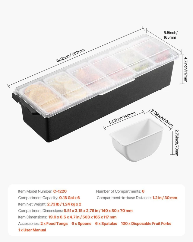 Alt view image 7 of 8 - VEVOR Ice Cooled Condiment Serving Container, 6 Compartments Chilled Server, Fruit Veggie Condiment Caddy, Plastic Garnish Station Lid Dispenser Tray, for Bartending & Serving Taco Restaurant Supplies