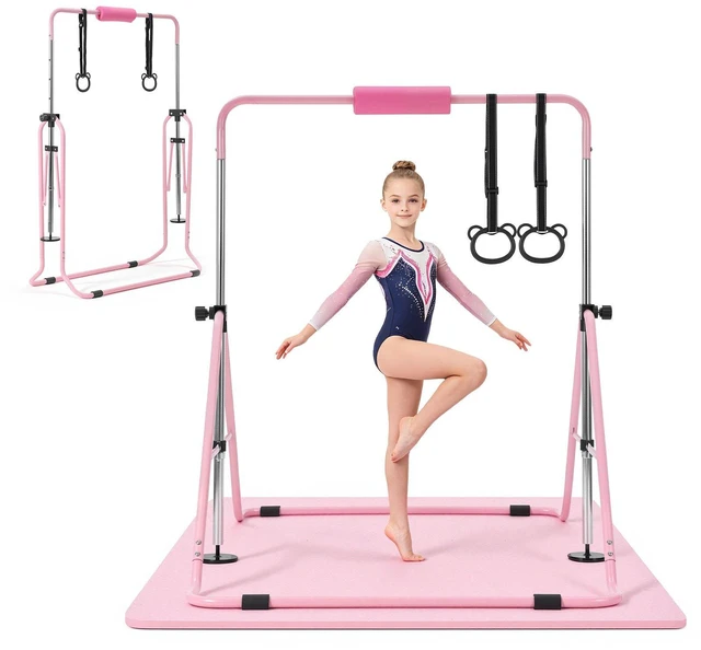 Main image of VEVOR Gymnastic Bars for Kids, 140 lbs Capacity Folding Training Kip Bar with Mat, Adjustable Height Gymnastic Horizontal Bar for Home, Training Equipment for Indoor Outdoor, Easy to Assemble, Pink